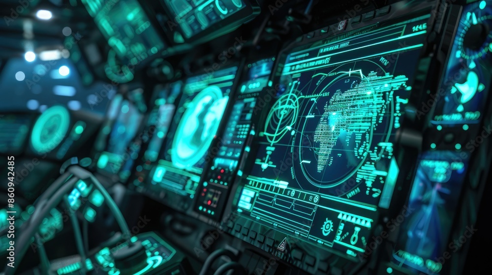 Futuristic digital interface with high-tech control panels and graphs depicting data analysis and global monitoring in a dark room. Futuristic digital interface with high-tech control panels and graphs depicting data analysis and global monitoring in a dark room.