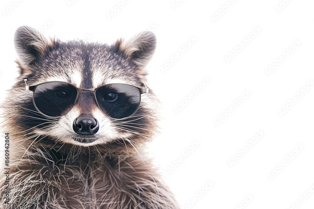 Obraz premium A close-up portrait of a raccoon wearing sunglasses and looking directly at the camera