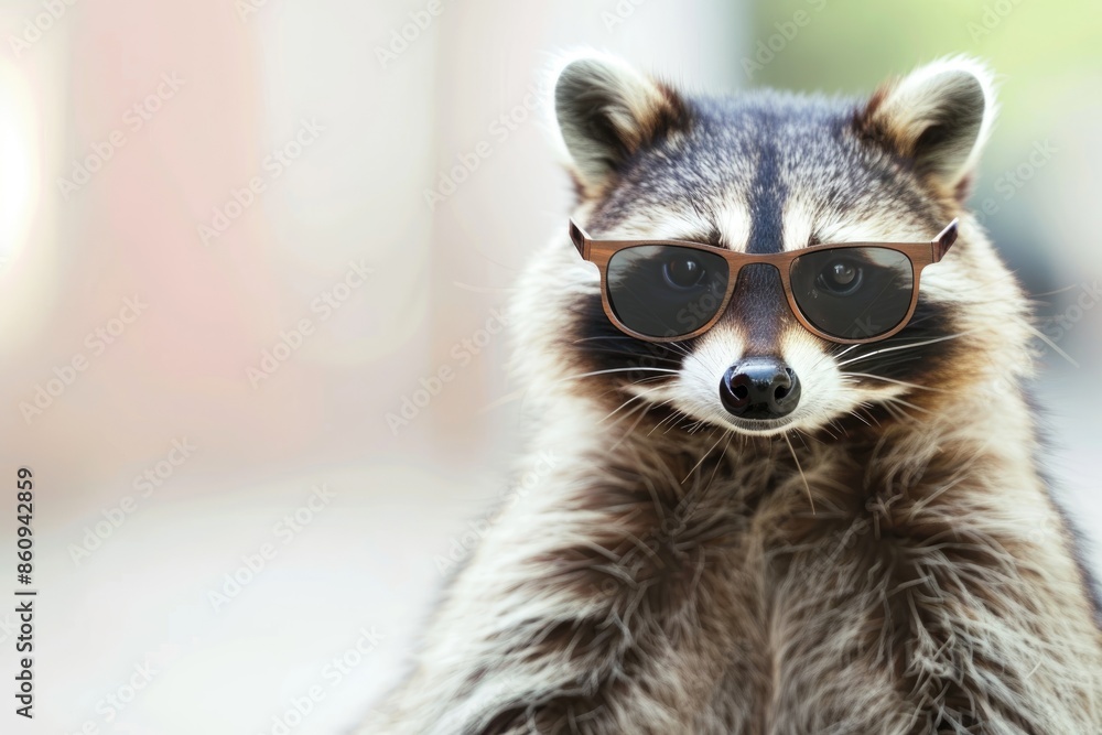 Obraz premium A raccoon wearing sunglasses stares directly at the camera. The raccoon has a black mask and a bushy tail. The background is blurred and out of focus