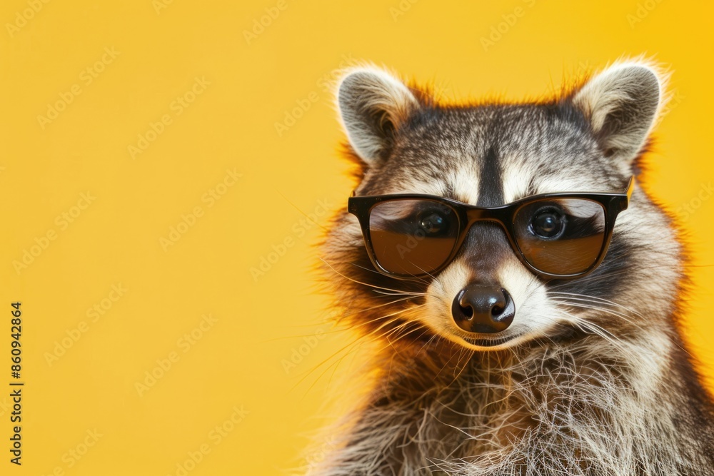 Obraz premium A raccoon wearing sunglasses stares intently at the camera, its dark eyes peering out from behind the shades. The animal is set against a vibrant yellow backdrop, creating a striking contrast