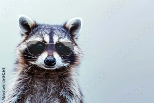 A raccoon wearing sunglasses stares directly at the camera, with a neutral expression. The background is a light blue color © Victoria