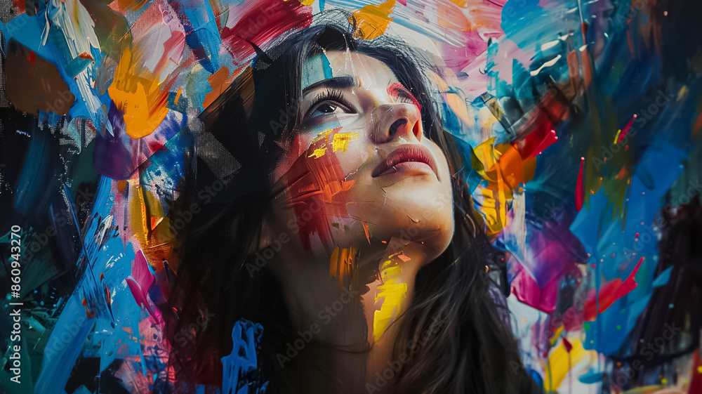 A woman with a colorful face painted on a canvas A woman with a colorful face painted on a canvas