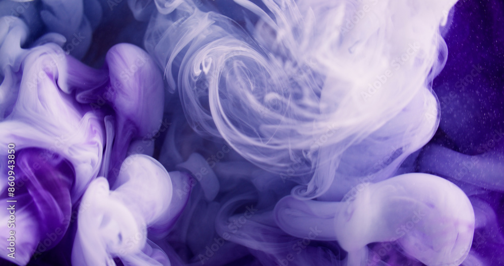Fototapeta premium Paint drop water. Smoke cloud. Defocused purple white color vapor blob glitter particles texture ink splash abstract art background.