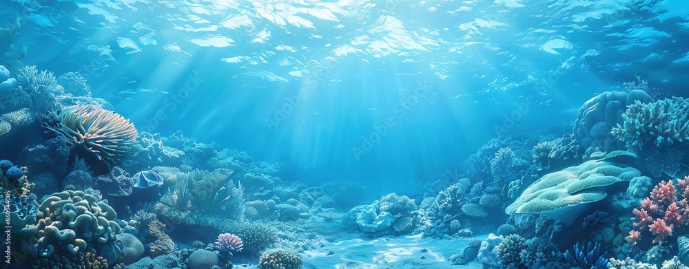 Fototapeta premium Craft a serene template highlighting ocean conservation, using blue tones and spacious copy areas.