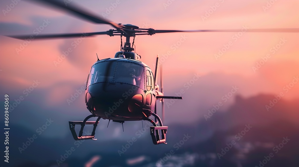 Helicopter Silhouette Flying in Vibrant Sunset Sky with Blurred Landscape Helicopter Silhouette Flying in Vibrant Sunset Sky with Blurred Landscape
