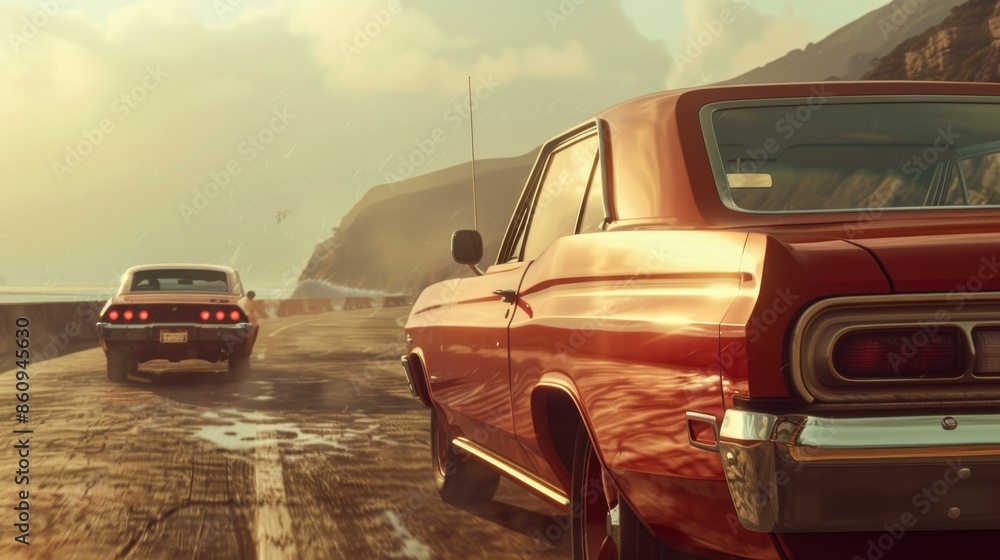 Fototapeta premium Two vintage cars cruise along a scenic coastal highway at sunset, capturing the nostalgic charm and adventure of a classic road trip.