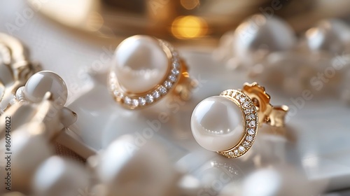 A pair of elegant pearl earrings on a white surface, with intricate detailing.