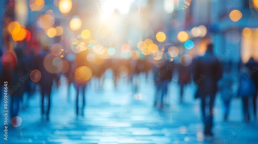 Bustling Cityscape with Defocused Pedestrian Traffic and Colorful Bokeh Lighting Bustling Cityscape with Defocused Pedestrian Traffic and Colorful Bokeh Lighting