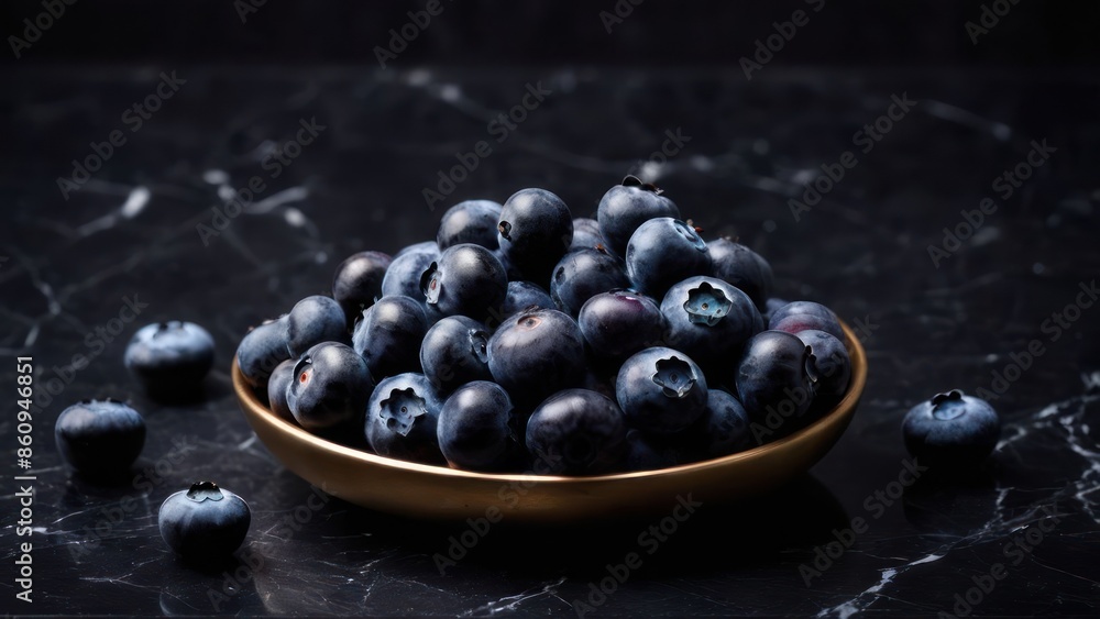 Golden Bowl of Blueberries on Black Marble Surface - A Minimalist Still Life Golden Bowl of Blueberries on Black Marble Surface - A Minimalist Still Life
