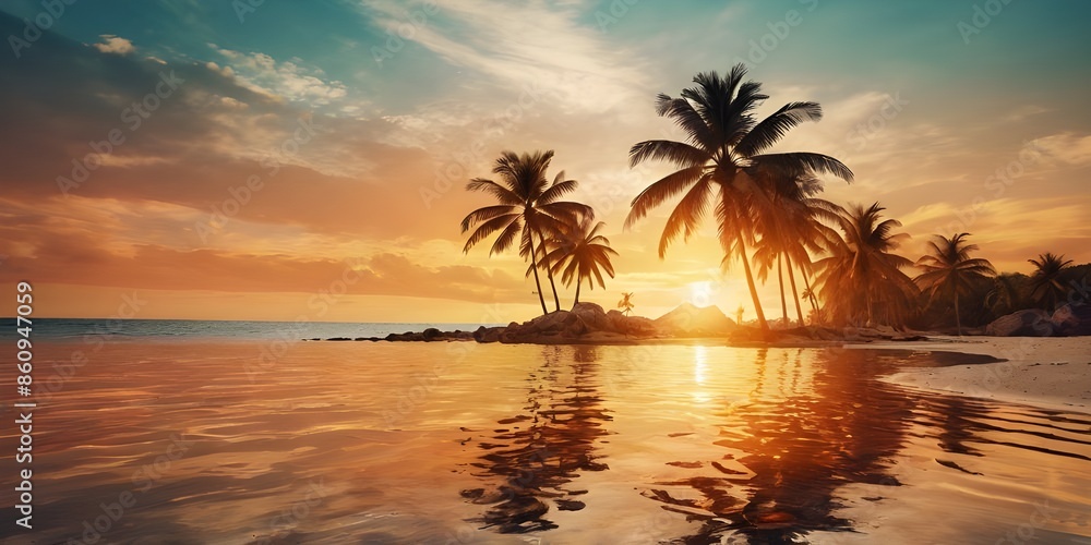 Stylized tropical beach scene with a warm sunset glow, featuring vibrant palm leaves and a sea reflecting the orange sun. Ideal for conveying relaxation and paradise vibes. Stylized tropical beach scene with a warm sunset glow, featuring vibrant palm leaves and a sea reflecting the orange sun. Ideal for conveying relaxation and paradise vibes.