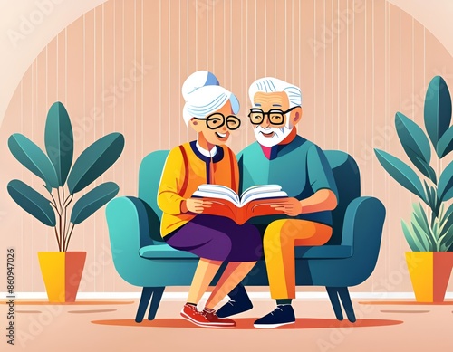 couple of old man and woman reading book together, in living room, cartoon style