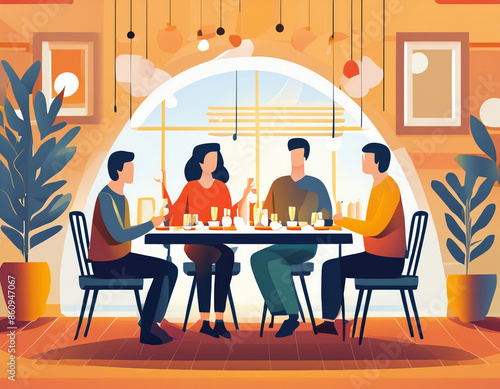 a team of businessmen and businesswomen, meeting at a cafe table for a casual work discussion, cartoon style