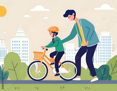 Cartoon illustration of children and families riding bicycles in garden