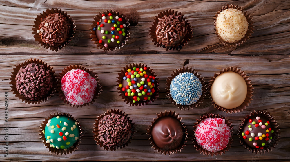 Brigadeiros beautiful colorful sweets on rustic wood selective focus top view : Generative AI Brigadeiros beautiful colorful sweets on rustic wood selective focus top view : Generative AI