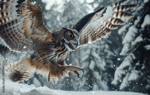 A large owl is flying through the snow-covered woods by AI generated image photo