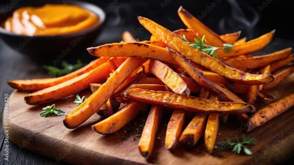 Crispy Golden Sweet Potato Fries with Aromatic Dipping Sauce Crispy Golden Sweet Potato Fries with Aromatic Dipping Sauce