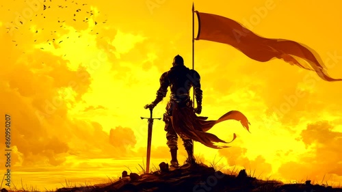 Silhouette of a warrior holding a flag against a dramatic sunset sky, symbolizing strength and courage.