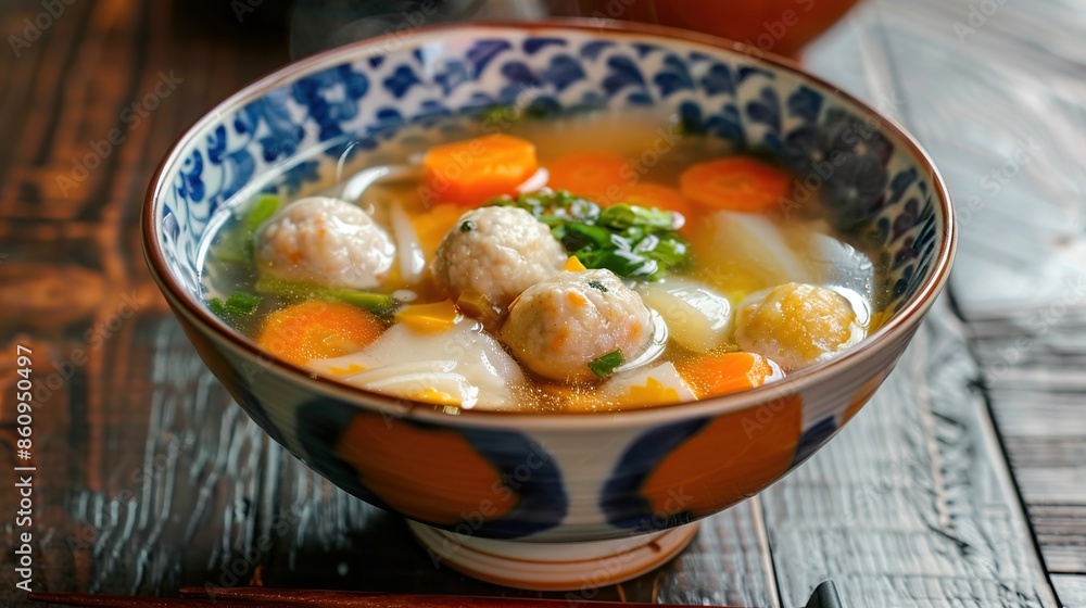 Bowl of Japanese Miso Soup with Meatballs and Vegetables Bowl of Japanese Miso Soup with Meatballs and Vegetables