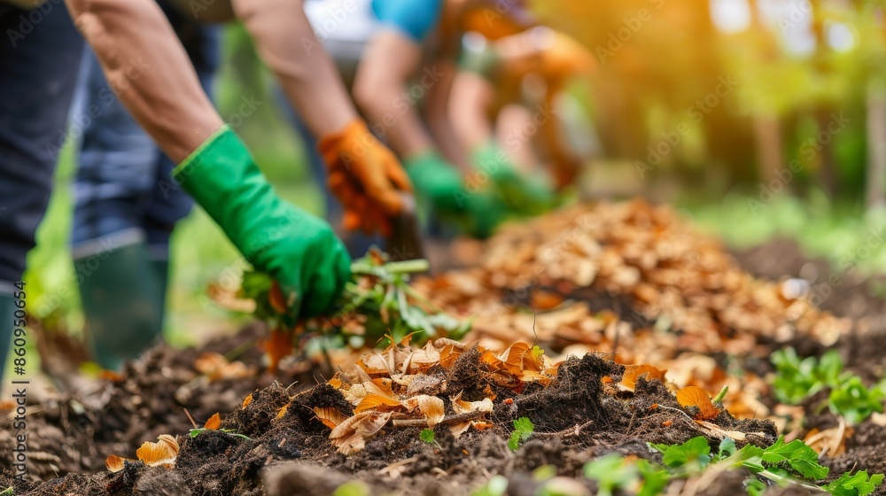 Gardeners in gloves adding organic mulch to soil, promoting sustainable gardening practices and improving soil health and fertility. Gardeners in gloves adding organic mulch to soil, promoting sustainable gardening practices and improving soil health and fertility.