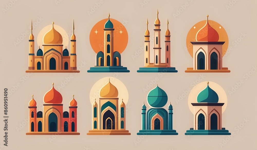 Fototapeta premium set of icons of church. illustration of a set of symbols. burning candles in the temple. candles in the church of the holy sepulchre. set of icons of landmarks. mosque vector. calligraphy of mosque