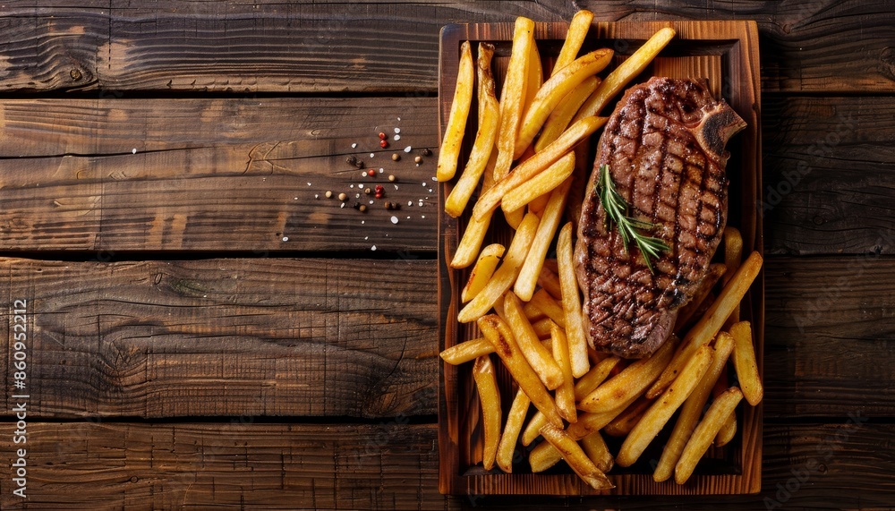 Top view of classic steak and french fries on wooden table for text, high quality image Top view of classic steak and french fries on wooden table for text, high quality image