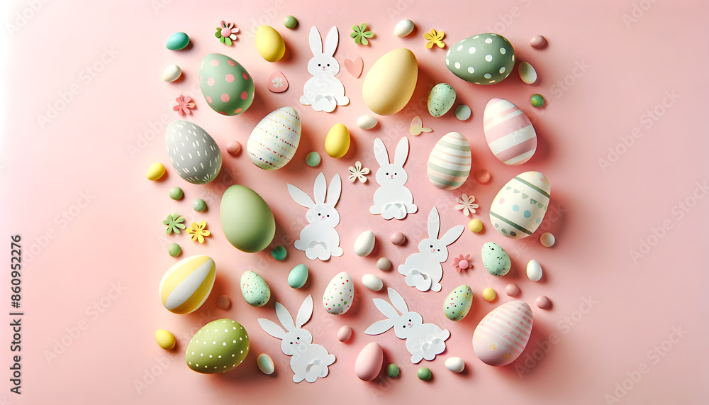 Playful Easter Scene with Pastel Eggs and Bunny Cutouts on Pink Background Playful Easter Scene with Pastel Eggs and Bunny Cutouts on Pink Background