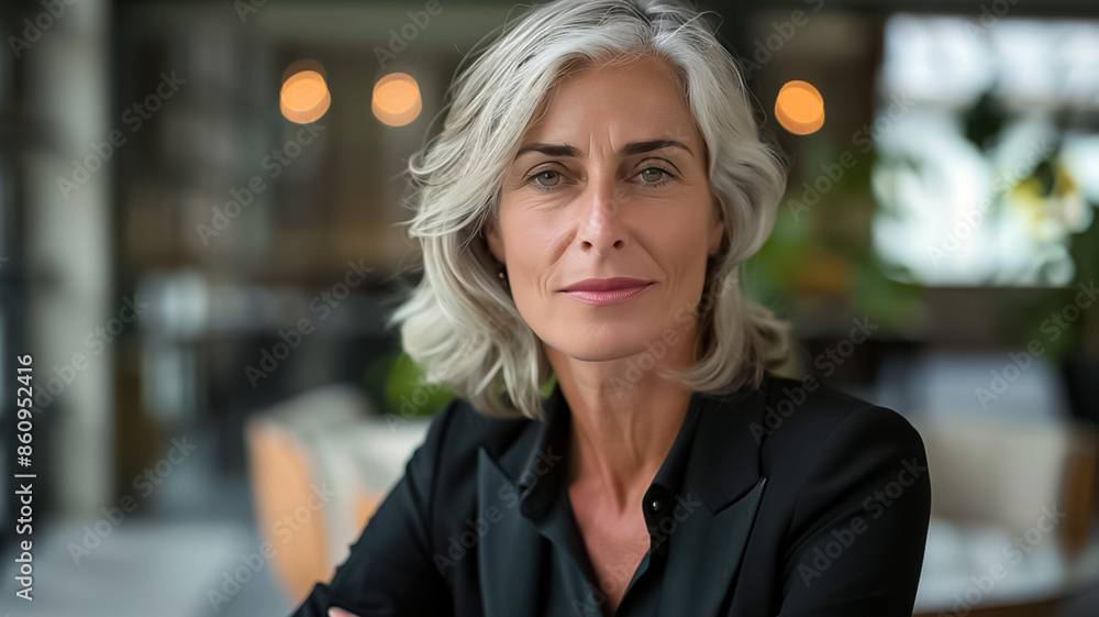 A woman with gray hair is wearing a black suit and standing in front of a plant A woman with gray hair is wearing a black suit and standing in front of a plant
