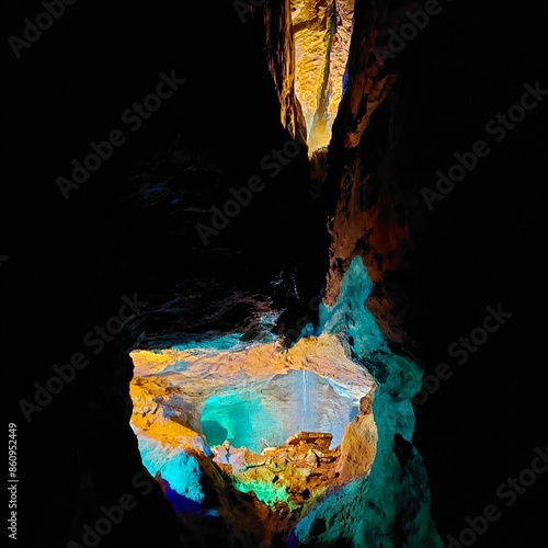 green and orange lights in cave