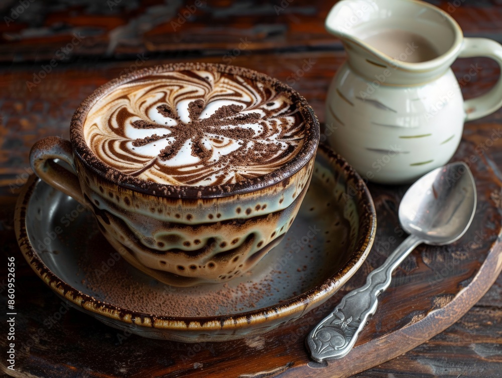 Artistic shot of hot chocolate with intricate latte art on top, served in a ceramic cup with a small pitcher of milk and a spoon on the side Artistic shot of hot chocolate with intricate latte art on top, served in a ceramic cup with a small pitcher of milk and a spoon on the side