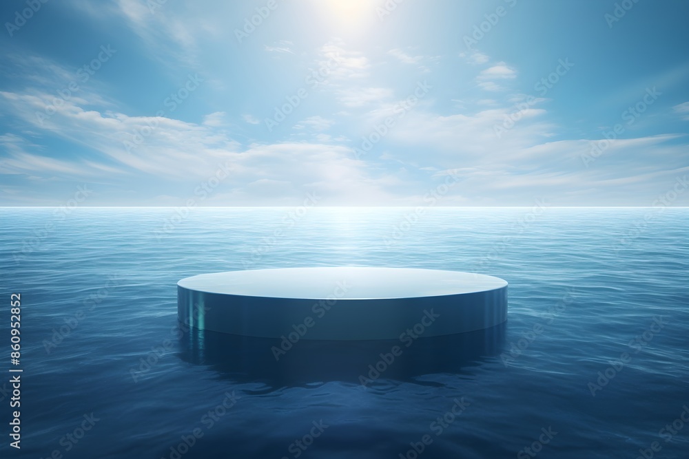 Tranquil background with an empty podium floating on calm water under blue sky for product presentation Tranquil background with an empty podium floating on calm water under blue sky for product presentation
