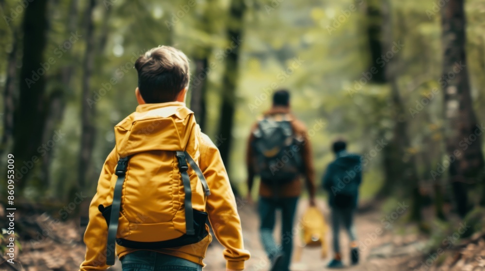 A family, including a child in a yellow jacket, hiking together along a forest trail, surrounded by lush greenery. A family, including a child in a yellow jacket, hiking together along a forest trail, surrounded by lush greenery.
