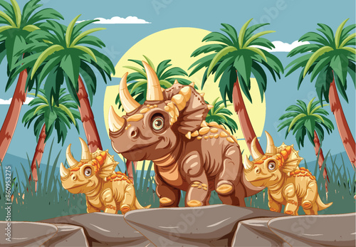 Triceratops family walking in lush prehistoric jungle