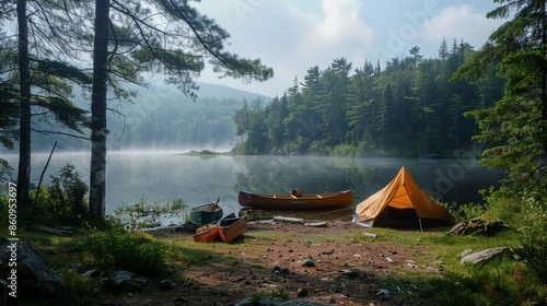 Fototapeta Naklejka Na Ścianę i Meble -  A serene campsite by a forest lake with a canoe docked at the shore, tents set up, and a soft morning mist rising from the water Generative AI