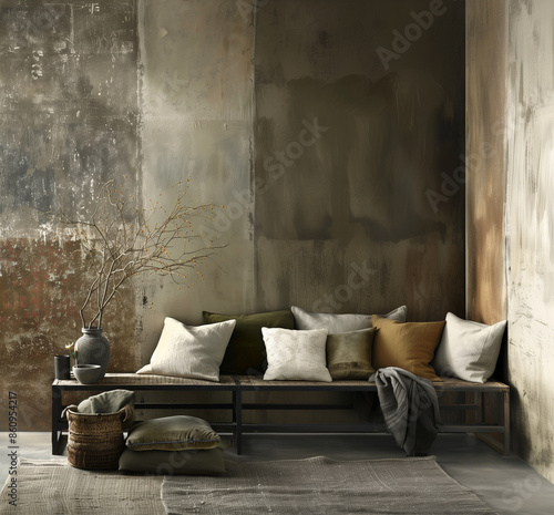 Rustic Textured Wall with Earthy Neutrals Color Washing Technique. Aged effect. Palette of beige, brown, clay red, green, and gray with subtle variations. High-resolution. Matching furniture and decor