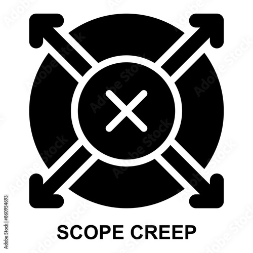scope creep, uncontrolled, scope, reach, creep, project management solid glyph icon
