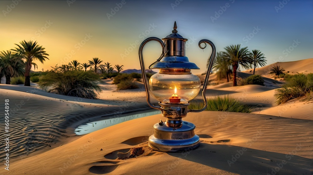 Obraz premium Desert Oasis Tranquility: Oil Lamp & Palm Trees