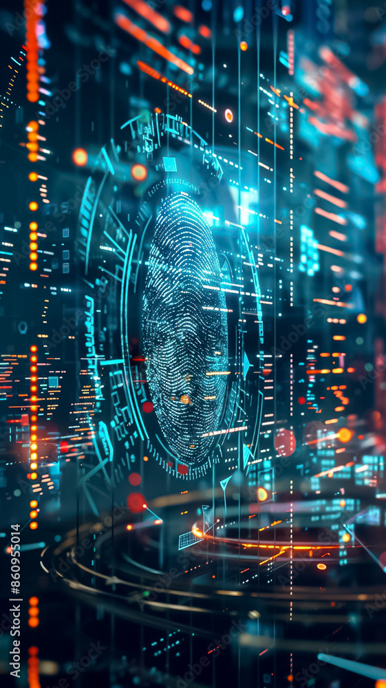 Fototapeta premium A computer screen with a blue circle with a fingerprint in the middle