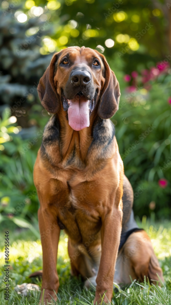 A brown bloodhound friendly dog with a tongue sticking out is sitting on the grass A brown bloodhound friendly dog with a tongue sticking out is sitting on the grass