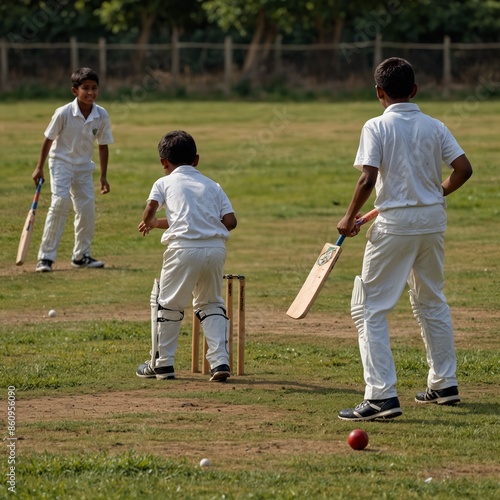 Boys are playing cricket on a grassy field.