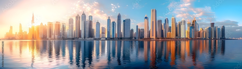 Panoramic View of Tall Skyscrapers Reflecting in Calm Waterfront at Sunset Panoramic View of Tall Skyscrapers Reflecting in Calm Waterfront at Sunset