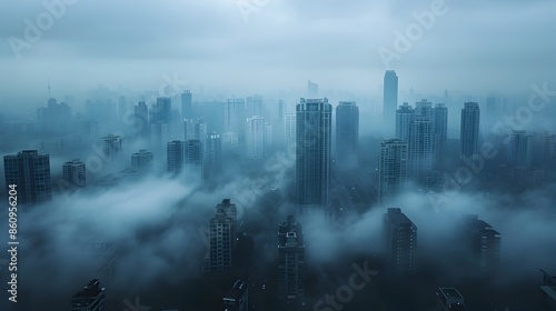 Towering City Skyline Shrouded in Misty Haze Evoking Mysterious Allure