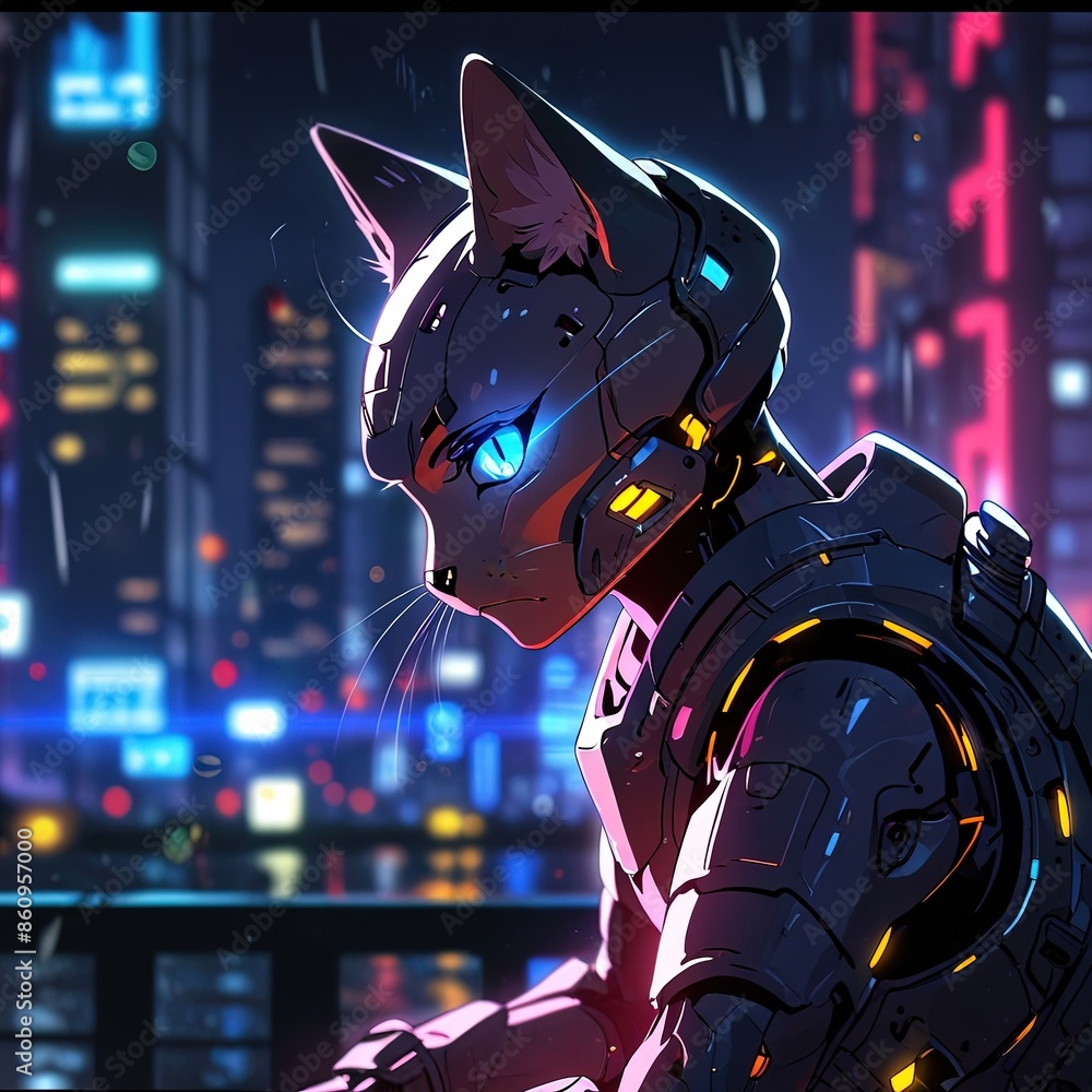 Illustration of a hummaniod cat in full robot armor street fighter ...