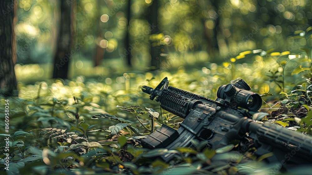 Forest Camouflage: Rifle Amidst Dense Foliage Forest Camouflage: Rifle Amidst Dense Foliage