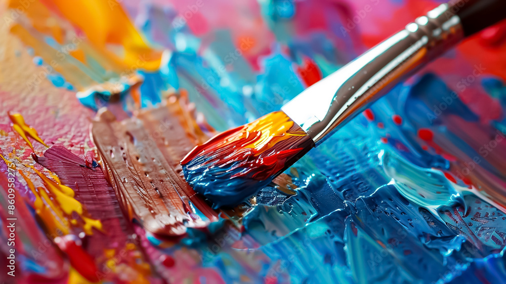 A paintbrush is dipped into a palette of paint, with a splash of blue A paintbrush is dipped into a palette of paint, with a splash of blue