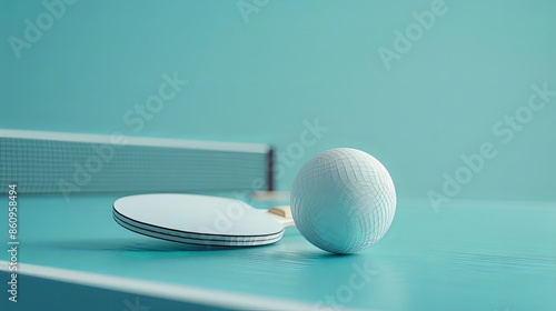 Minimalist Ping Pong Setup with Paddle, Ball and Net in Pastel Blue Tones photo