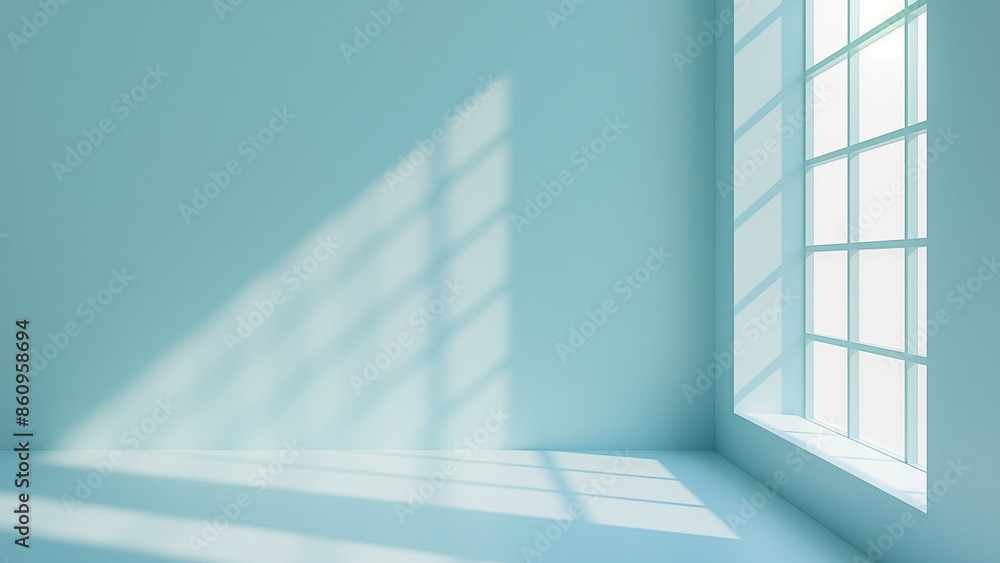 Blue empty room background for product presentation with shadow from the window Blue empty room background for product presentation with shadow from the window