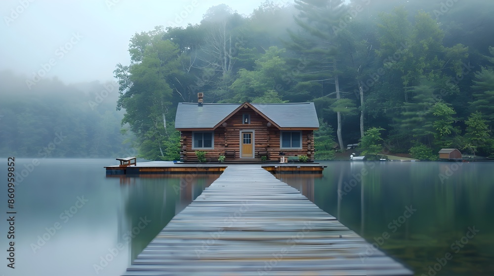 Obraz premium Serene Lakeside Cabin with Wooden Dock amid Misty Forest Landscape