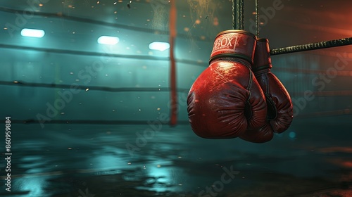 Hanging Boxing Gloves in an Empty Atmospheric Ring