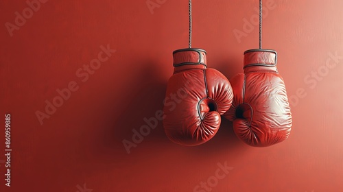 Red Boxing Gloves Hanging Against a Red Background in Minimalist Style