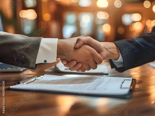 Business leader reviewing contract with legal advisor in well appointed office corporate concept photo